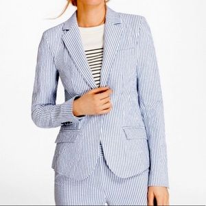 J Crew Blazer Seersucker Pinstripe Blue White Striped Lightweight Jacket